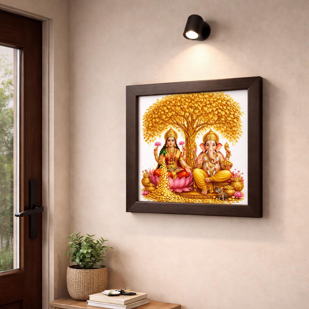 Laxmi Ganesha Gold Coin Golden Tree Money Magnet Vastu Prosperity Hindu Spiritual Mandir Religious Framed Poster Artwork Decor Painting