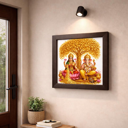 Laxmi Ganesha Gold Coin Golden Tree Money Magnet Vastu Prosperity Hindu Spiritual Mandir Religious Framed Poster Artwork Decor Painting