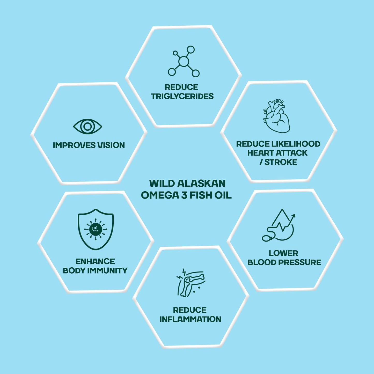 Hexagonal infographic on wild Alaskan Omega 3 fish oil benefits on a light blue background