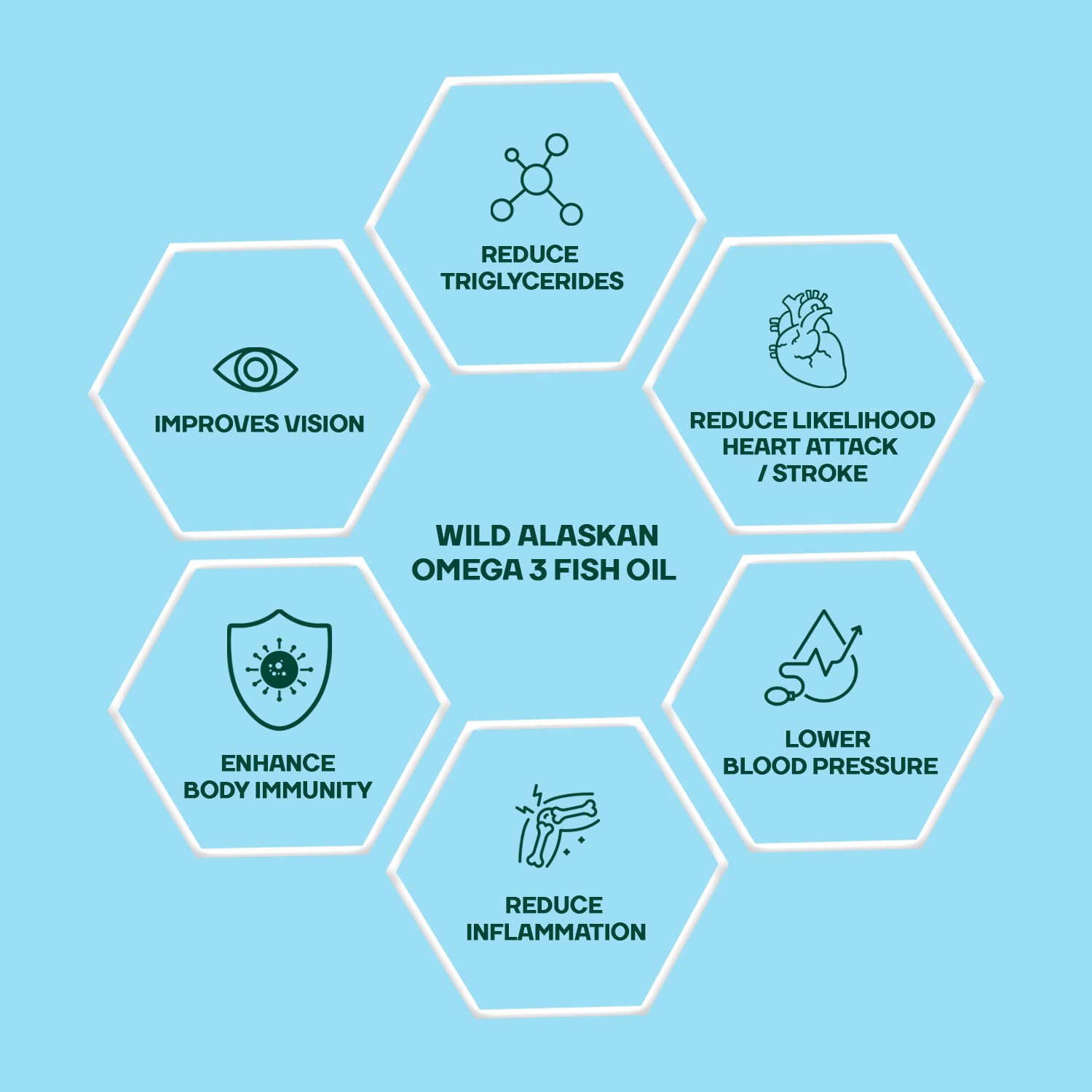 Hexagonal infographic on wild Alaskan Omega 3 fish oil benefits on a light blue background
