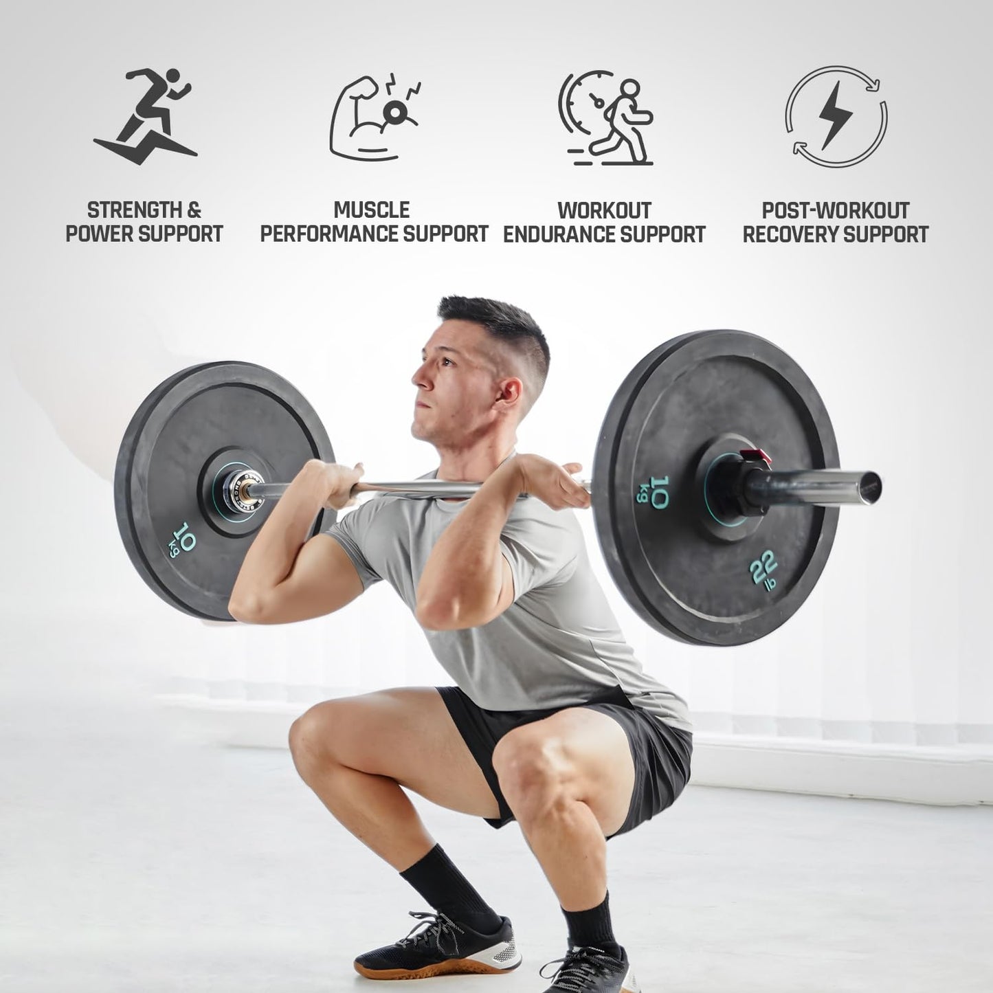 Man lifting a barbell with icons and text about fitness support on a white background