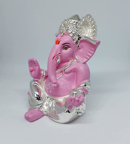 Gold Art India Silver Pink Plated Gaddi Ganesha for Car Dashboard Ganesha Murti Ganpati Idol for Home Decor Puja Lord Ganesh Statue Gift for Office Desk Puja Room Figurine