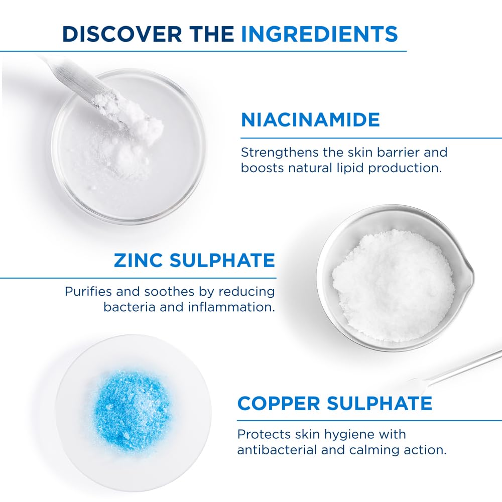 Ingredients of skincare product with niacinamide, zinc sulphate, and copper sulphate displayed.