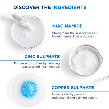Ingredients of skincare product with niacinamide, zinc sulphate, and copper sulphate displayed.