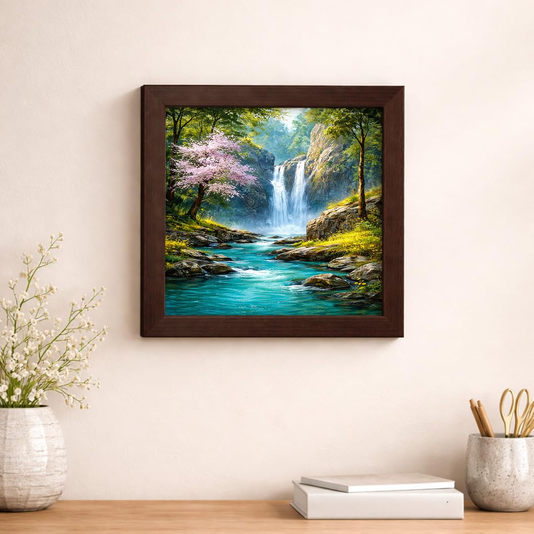 Waterfall Running Water Calm Vastu Nature Serenity Landscape Scenic Peaceful Framed Poster Artwork Decor Painting