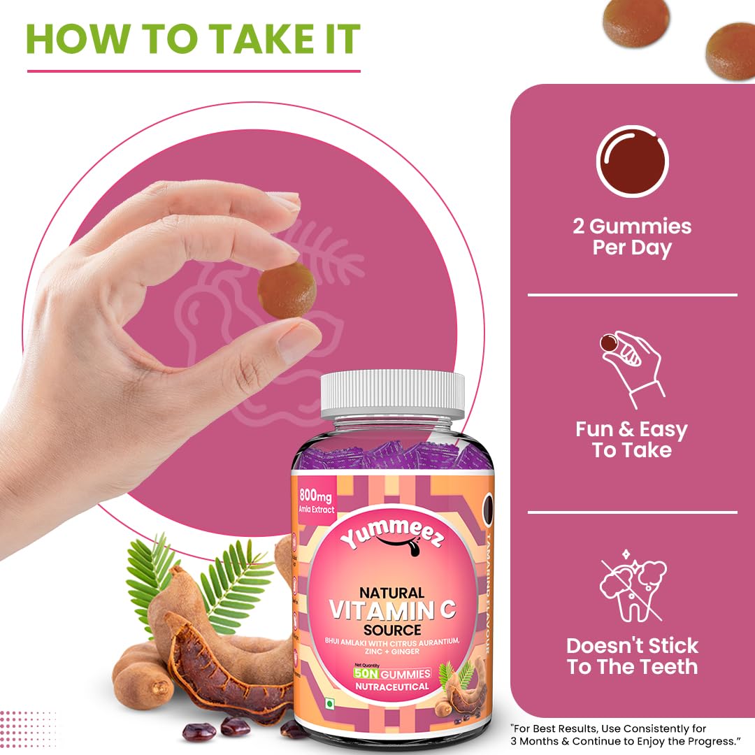 Yummeez vitamin C gummy bottle with a hand holding a gummy, and text on how to take it.