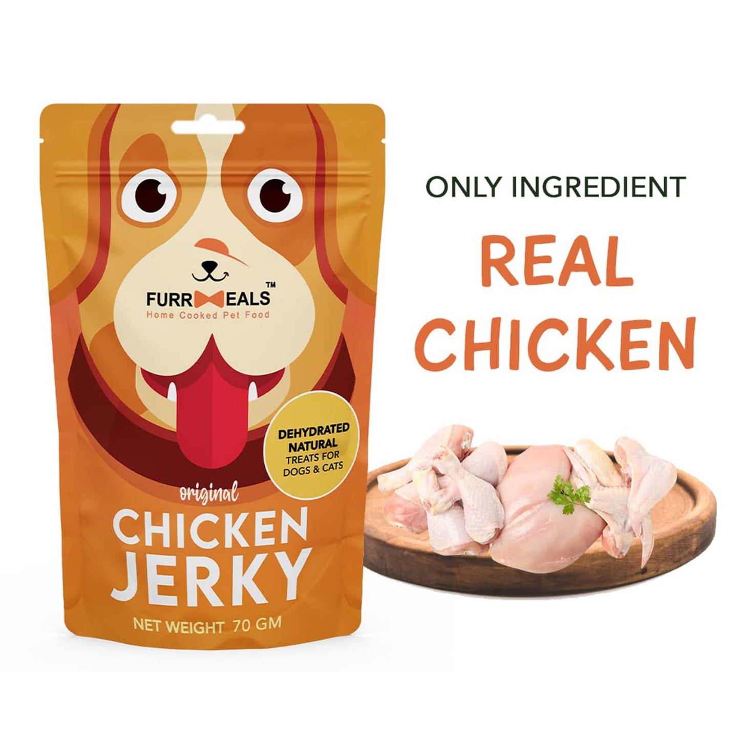 FurrMeals Original Chicken Jerky | High Protein Low Fat | Natural Treat for Dogs & Cats | Zero Preservative Human Grade Dog Treat | Pack of 1 x 70gm, All Life Stages, Stick