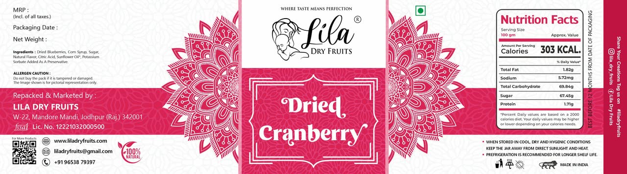 LILA DRY FRUITS Californian Dried and Sweet Sliced Cranberries | Real dried fruit without Sugar | No added Preservatives | Dehydrated Superfood Vegan & Non GMO Fruit Perfect for Gifting