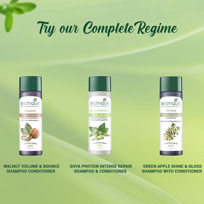 Three Biotique shampoo and conditioner bottles on a green background with text promoting a complete regime.
