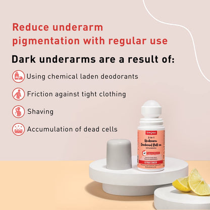 Product advertisement with text on reducing underarm pigmentation, featuring a bottle of deodorant.