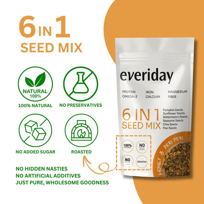 Everiday Honey & Peri Peri Roasted 6-in-1 Super Seed Mix | 250g | Pumpkin, Sunflower, Watermelon, Sesame, Chia & Flax | Healthy Crunchy Snack for Daily Nutrition | High Protein, Fibre & Omega-3 | Vegan & Gluten-Free