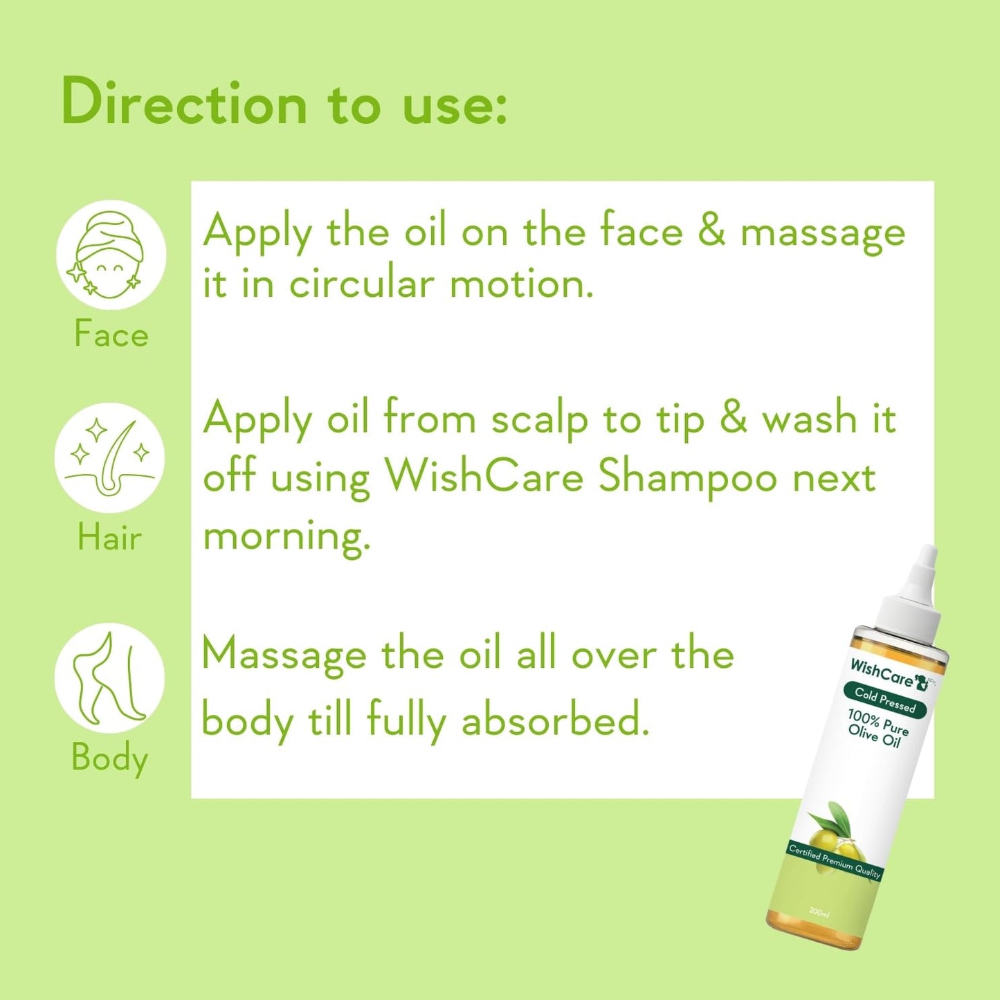 WishCare Pure Power Oil with usage instructions on a green background