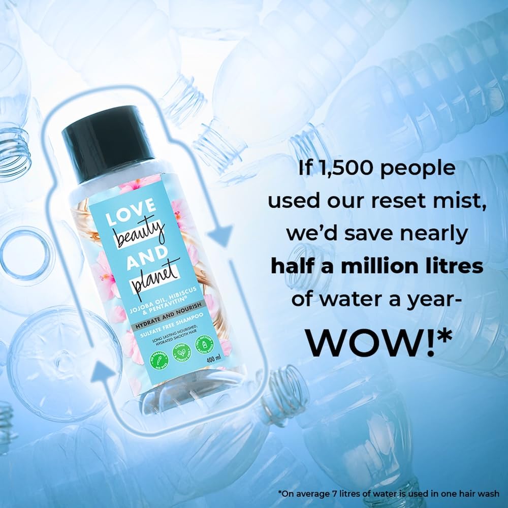 Bottle of Love Beauty and Planet reset mist with water droplet graphics and text about water conservation.