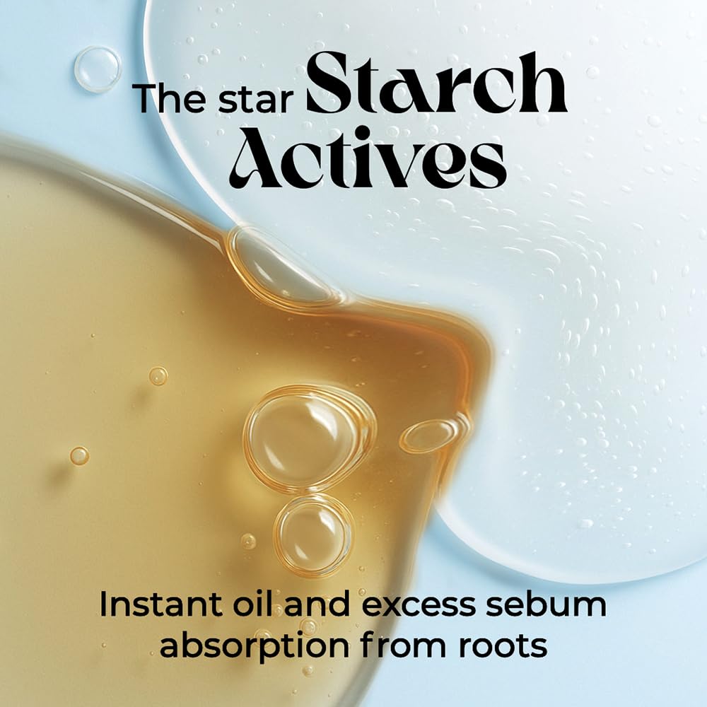 Product with text 'The star Starch Actives' and 'Instant oil and excess sebum absorption from roots' on a light blue background.