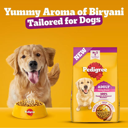Pedigree Adult Dry Dog Food, New Chicken Biryani Flavour, 1 kg, Protein of 4 Chicken Pieces, Vitamin D3 of 6 Eggs, Calcium of 7 Cups of Yogurt, 100% Complete and Balanced Nutrition