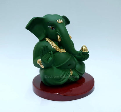 Handcrafted Poly Resin Ganesha Statue with Base - Perfect for Car Dashboard, Office Desk, Shelves, and Home Decor - Ideal Housewarming Gift! (Appugreenwithbase)