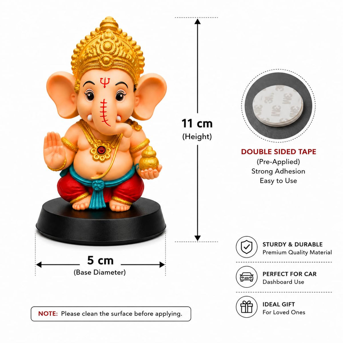 NIKUARA Lord Ganesha God Idol for Car Dashboard, 10cm Height, Red-Orange