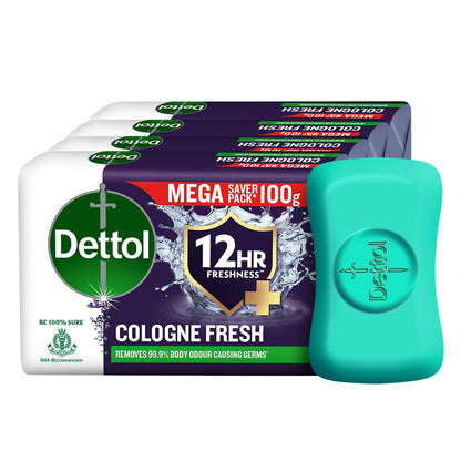 Dettol Cologne Fresh Bathing Soap Bar with 12hr Freshness and Germ Protection, 100g Pack of 4, (400gm)
