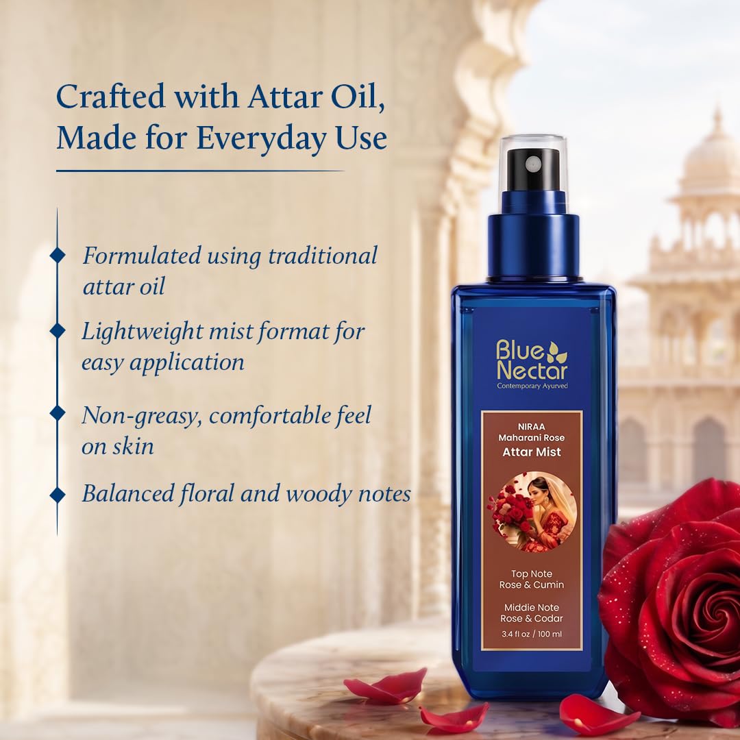 Blue Nectar Maharani Rose Attar Mist with Cumin & Sandalwood | Long-Lasting Perfume Mist for Women | Floral Essence | Travel-Friendly Body Mist Spray (100 ml)