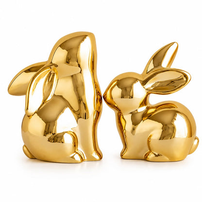 Street27 Ceramic Rabbit Figurines Set of 2, Gold Decorative Bunny Statues for Home Decor, Small Modern Animal Showpieces for Living Room, Bedroom, Office Desk, Shelf Decoration, Glossy Finish