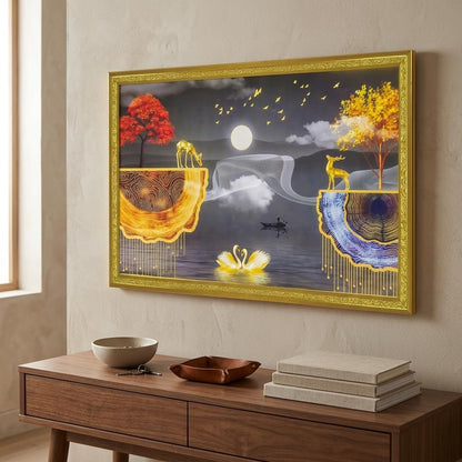 Abstract art Framed Golden Foil 3D Style Landscape Painting with 2 Deer Standing on Edge | Ready to Hnag - (14 x 20 inch, Multicolor)