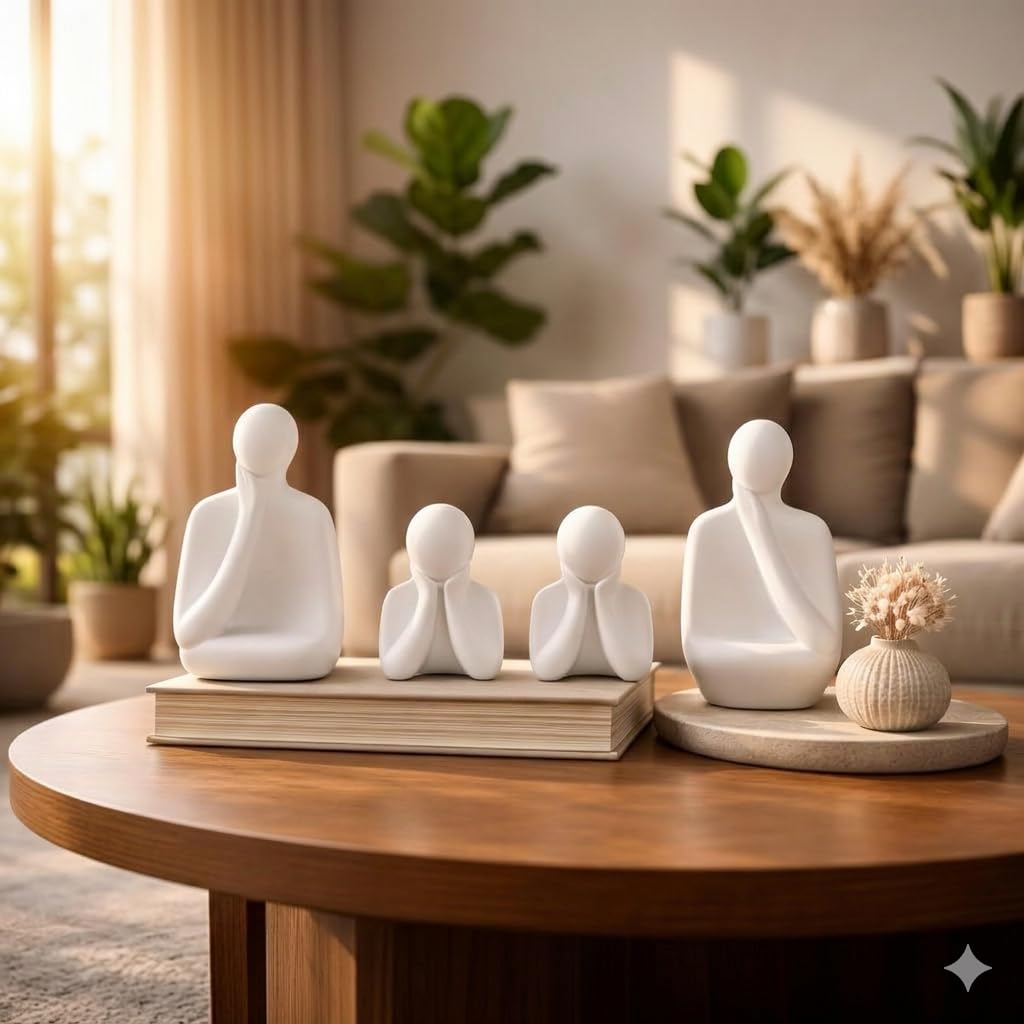 Ceramic Family Statue Set of 4 – Home Decor Items for Living Room, Bedroom, Office & Table Artifact (White)