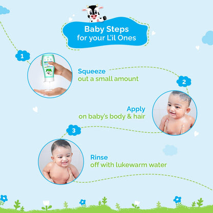 Instructions for using a baby product with images of a baby and a cow character on a blue background.