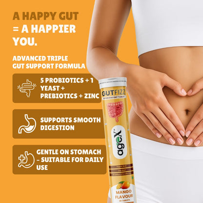 Gutfizz Probiotic 20 Effervescent Tablets | Gut Health Supplements with Limosilactobacillus | Sugar Free, 25 Billion CFU with Zinc | Digestive Enzymes Tablets | Mango Flavour (Pack of 1)