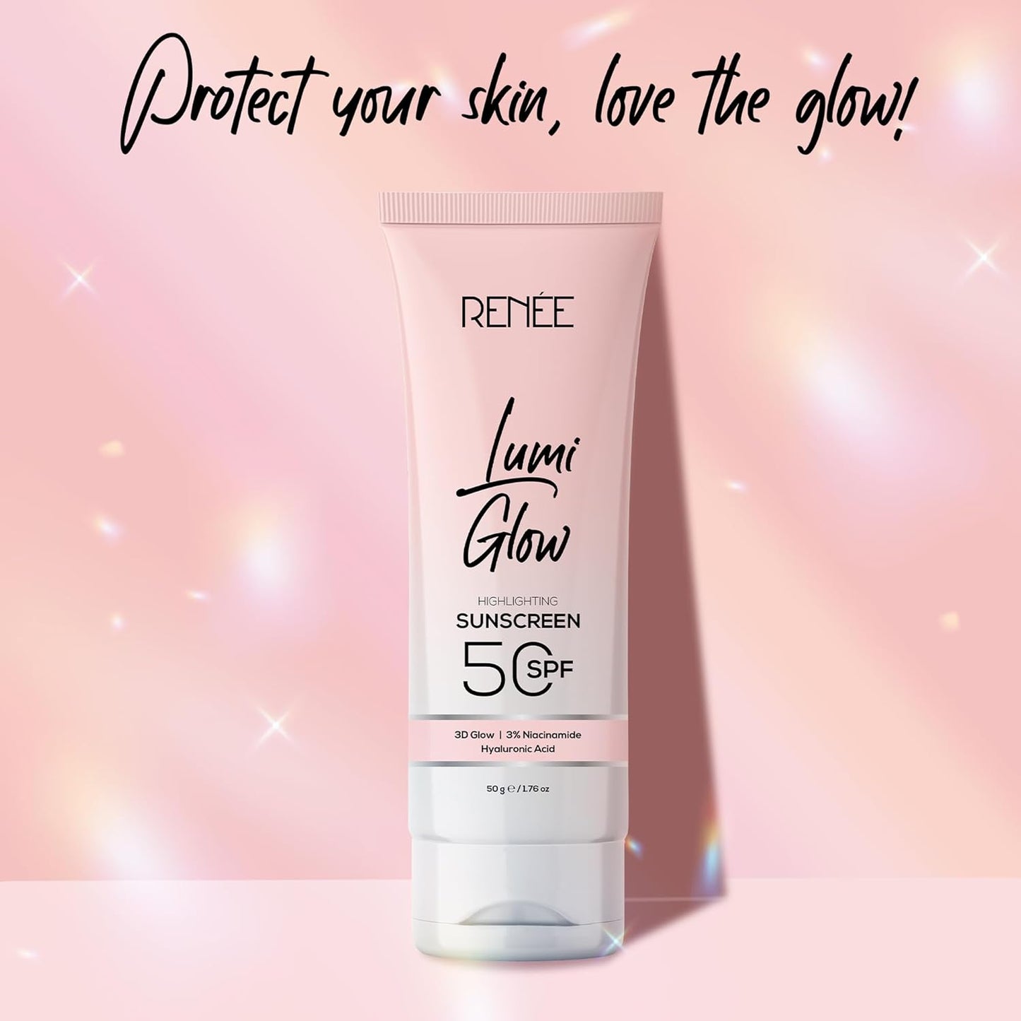 Tube of RENEE Lumi Glow Sunscreen 50 SPF on a pink background with text 'Protect your skin, love the glow!'.