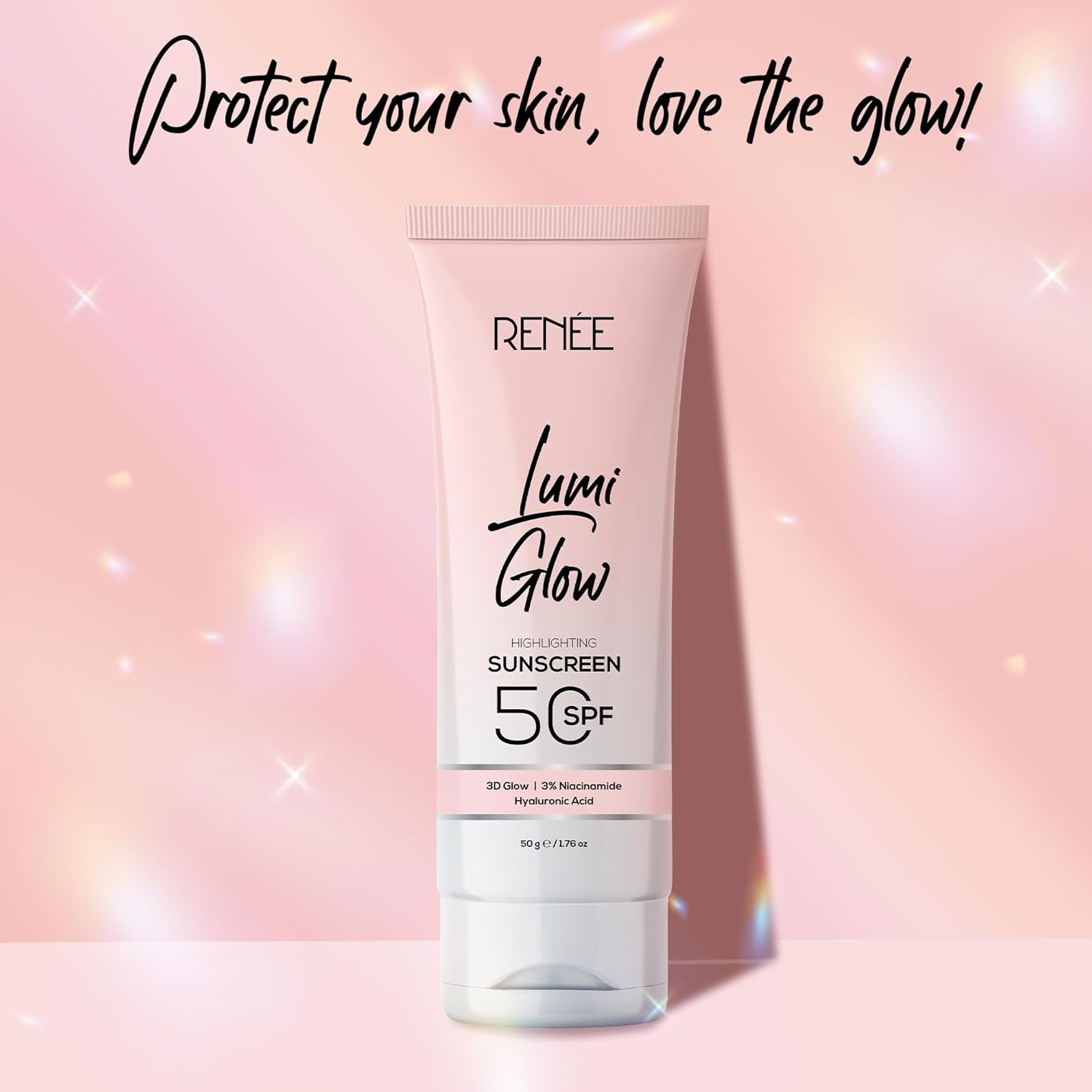 Tube of RENEE Lumi Glow Sunscreen 50 SPF on a pink background with text 'Protect your skin, love the glow!'.
