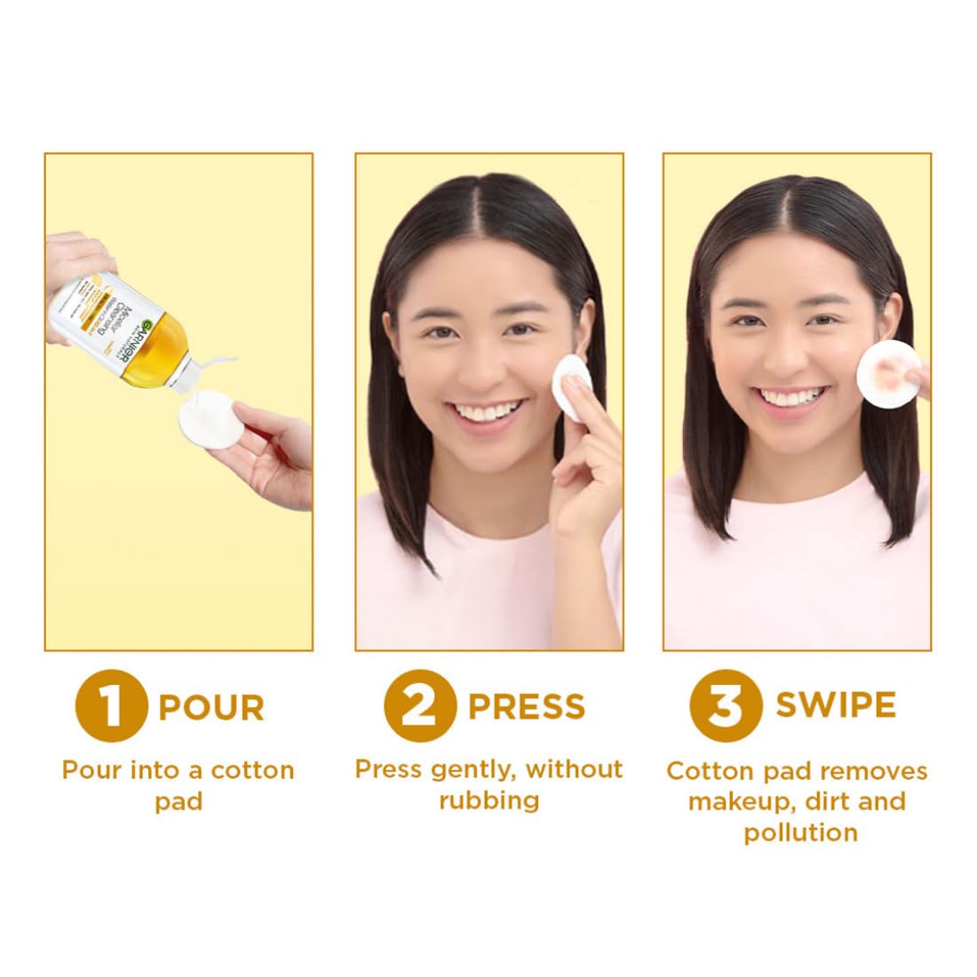 Step-by-step guide on using a skincare product with a woman applying it.