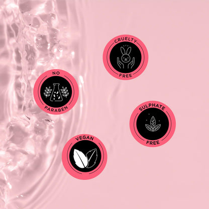 Four circular icons on a pink background with text indicating 'No Paraben', 'Cruelty Free', 'Vegan', and 'Sulphate Free'.