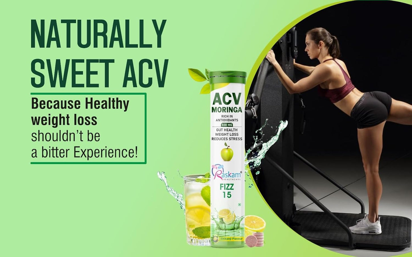 ACV Moringa 500mg Shikanji Flavour 15 Effervescent Tablets For Gut Health | Weight Loss | Reduces Stress | 100% Vegan | 15 Tablets Each (Pack of 1)