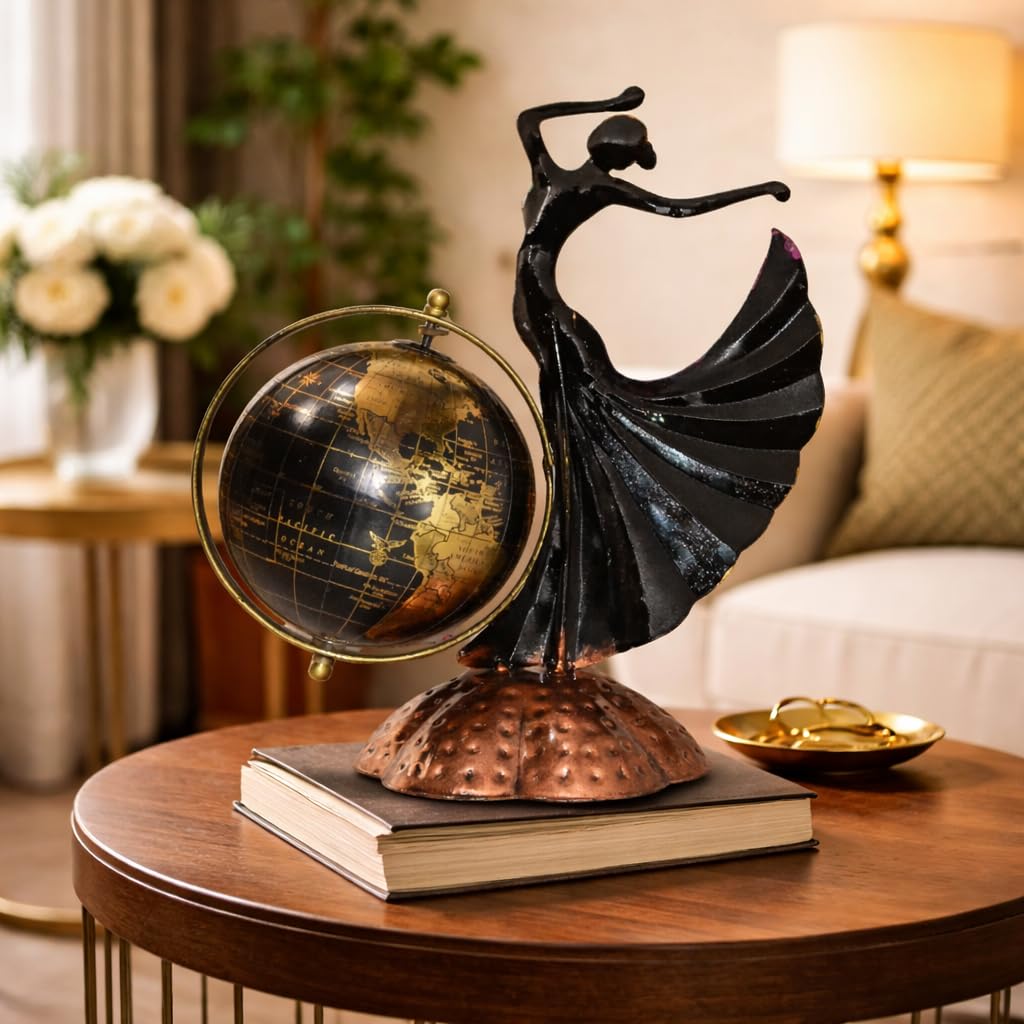 Home and Office Decorative Globe Metal Table Top Showpiece Globe, Home Rajasthani Dancing Lady Decoration items, Decor and Gift for Living Room, Bedroom, Showcase, Desk Gifts for Woman Man