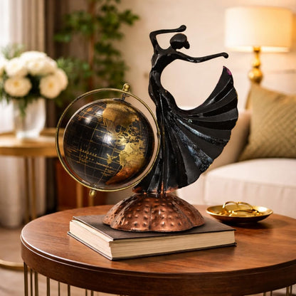 Home and Office Decorative Globe Metal Table Top Showpiece Globe, Home Rajasthani Dancing Lady Decoration items, Decor and Gift for Living Room, Bedroom, Showcase, Desk Gifts for Woman Man