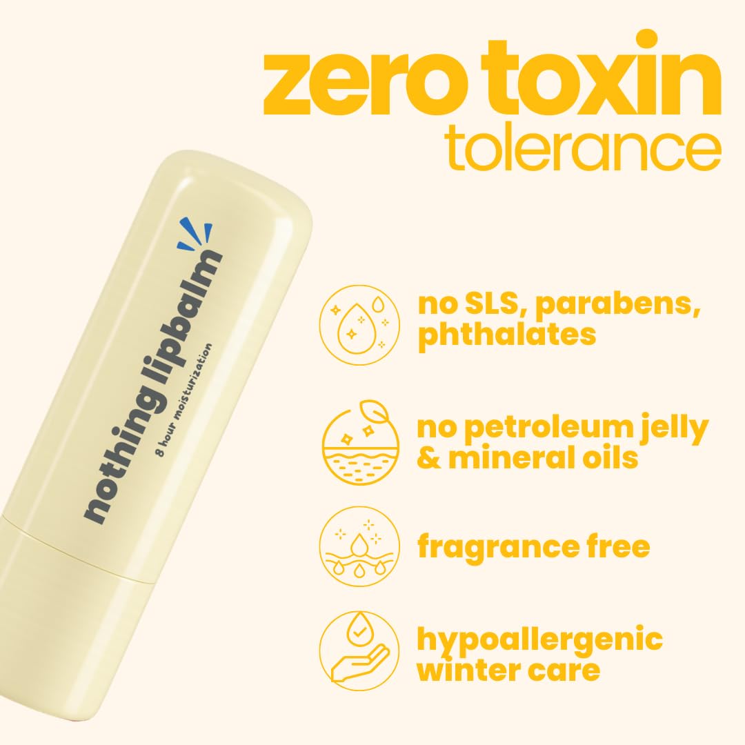 Lip balm with 'nothing lip balm' branding and zero toxin tolerance claims on a white background.