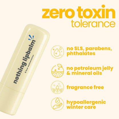 Lip balm with 'nothing lip balm' branding and zero toxin tolerance claims on a white background.
