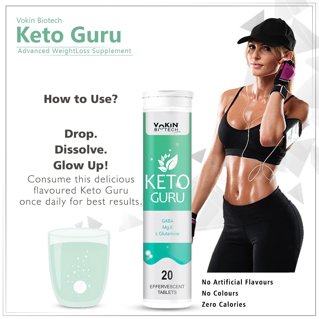 Keto Guru supplement container with a woman in workout attire on a white background