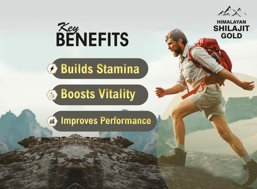 Person hiking with key benefits of Himalayan Shilajit Gold displayed on screen