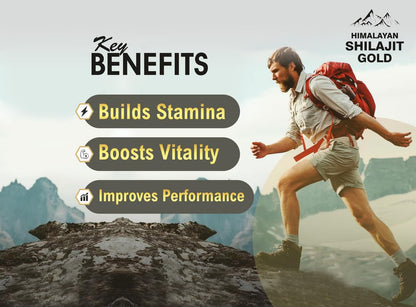 Person hiking with key benefits of Himalayan Shilajit Gold displayed on screen