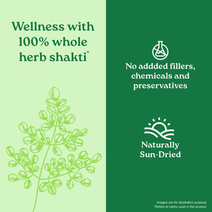 Promotional graphic for 'Wellness with 100% whole herb shakti' on a green background with text about natural ingredients.