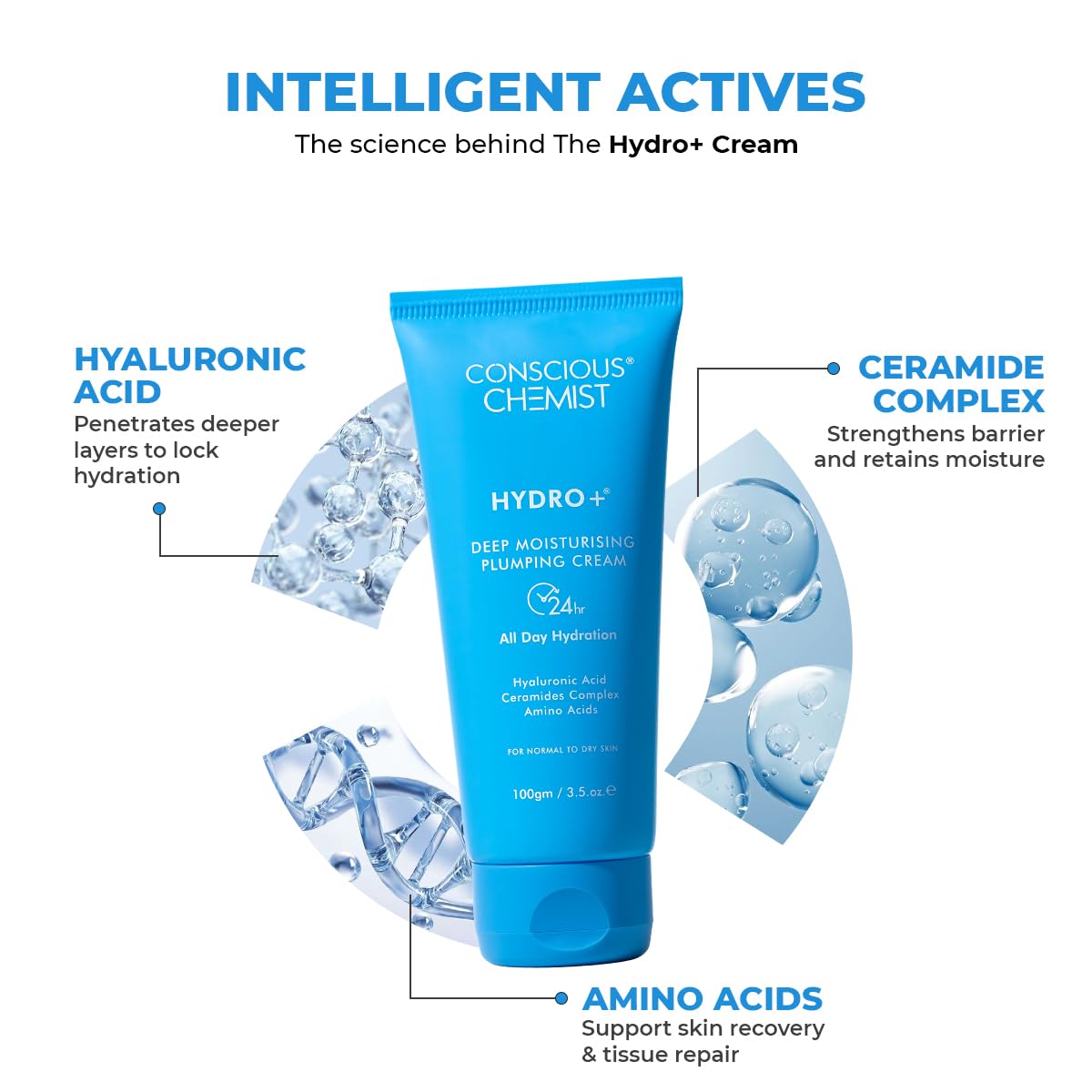 Blue tube of Conscious Chemist Hydro+ Cream with text about ingredients on a white background