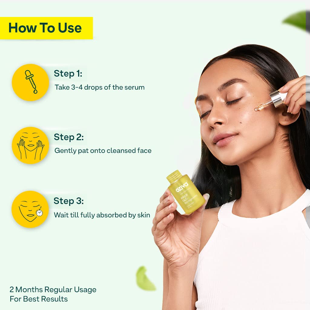 OZiva Inner Glo Skin Brightening Face Serum, Skin Brightening Serum For Even Tone & Increased Radiance With Phyto Vitamin C, Rosehip Oil & Saffron, Face Serum For All Skin Types, 30ml