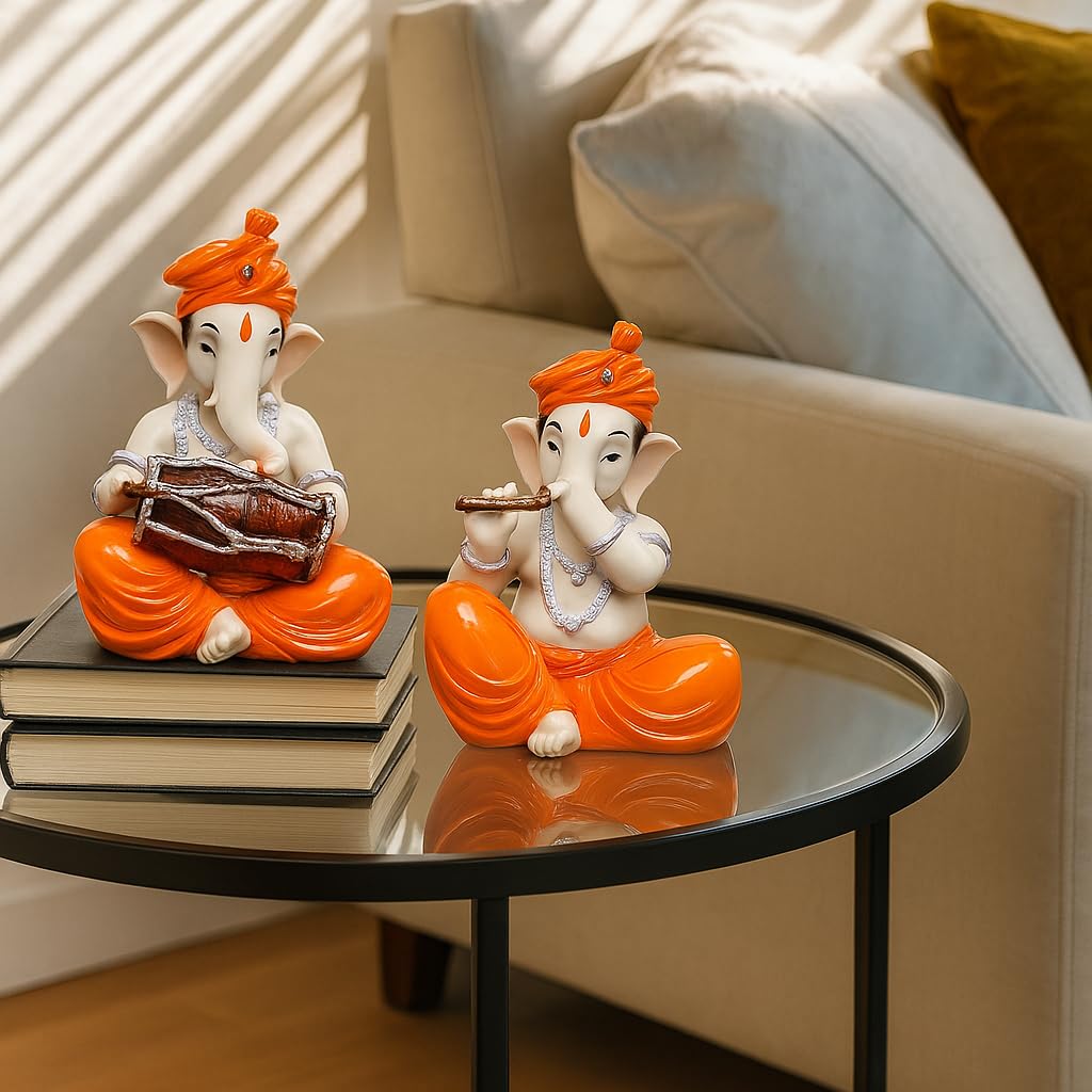 Xtore Musical Ganesha Pair for Home Decor Handicraft Resin| Brings Prosperity - (Orange and White, Pack of 2)(Resin)