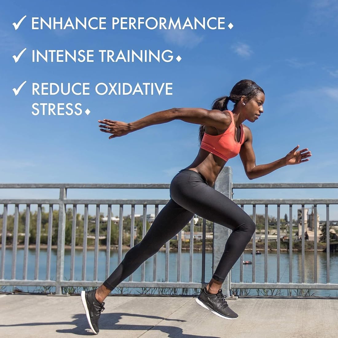 Woman running on a bridge with text about enhancing performance, intense training, and reducing oxidative stress.