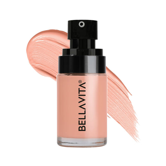 Bellavita makeup bottle with a swatch of peach-colored product on a white background