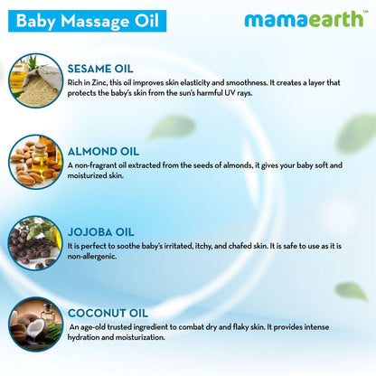 Mamaearth baby massage oil infographic with ingredients and benefits