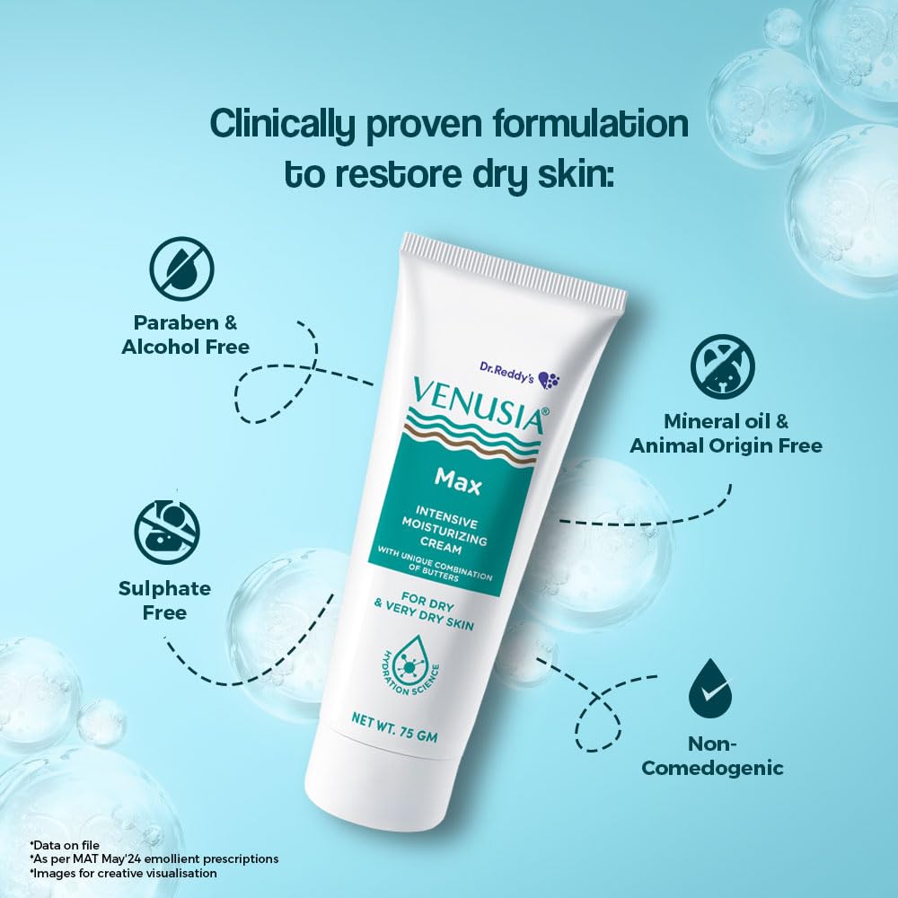 VENUSIA Max Moisturiser For Everyday Use for Dry Skin, Contains Shea Butter, Mango Butter, Aloe Butter & Cocoa Butter. Paraben Free & Non irritant formula, Dermat Recommended, 75g
