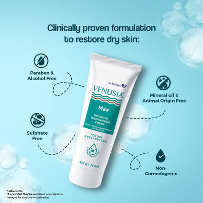 VENUSIA Max Moisturiser For Everyday Use for Dry Skin, Contains Shea Butter, Mango Butter, Aloe Butter & Cocoa Butter. Paraben Free & Non irritant formula, Dermat Recommended, 75g