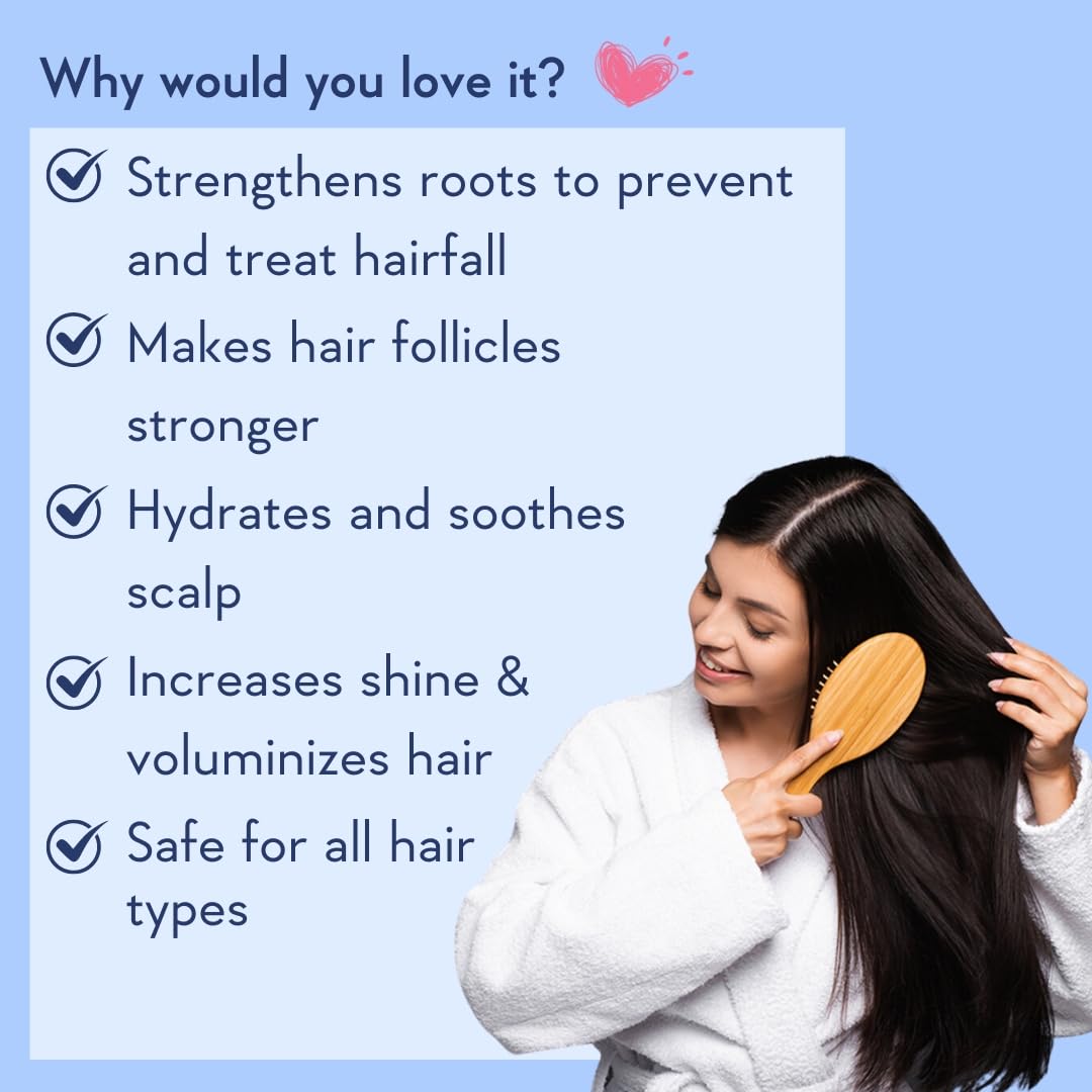 Woman brushing her hair with text highlighting product benefits on a blue background